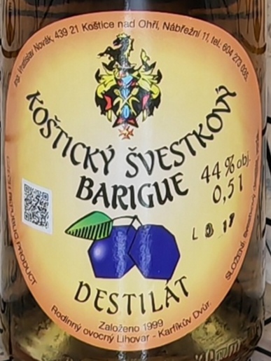 Koštický švestkový destilát barigue 44% 0,5l